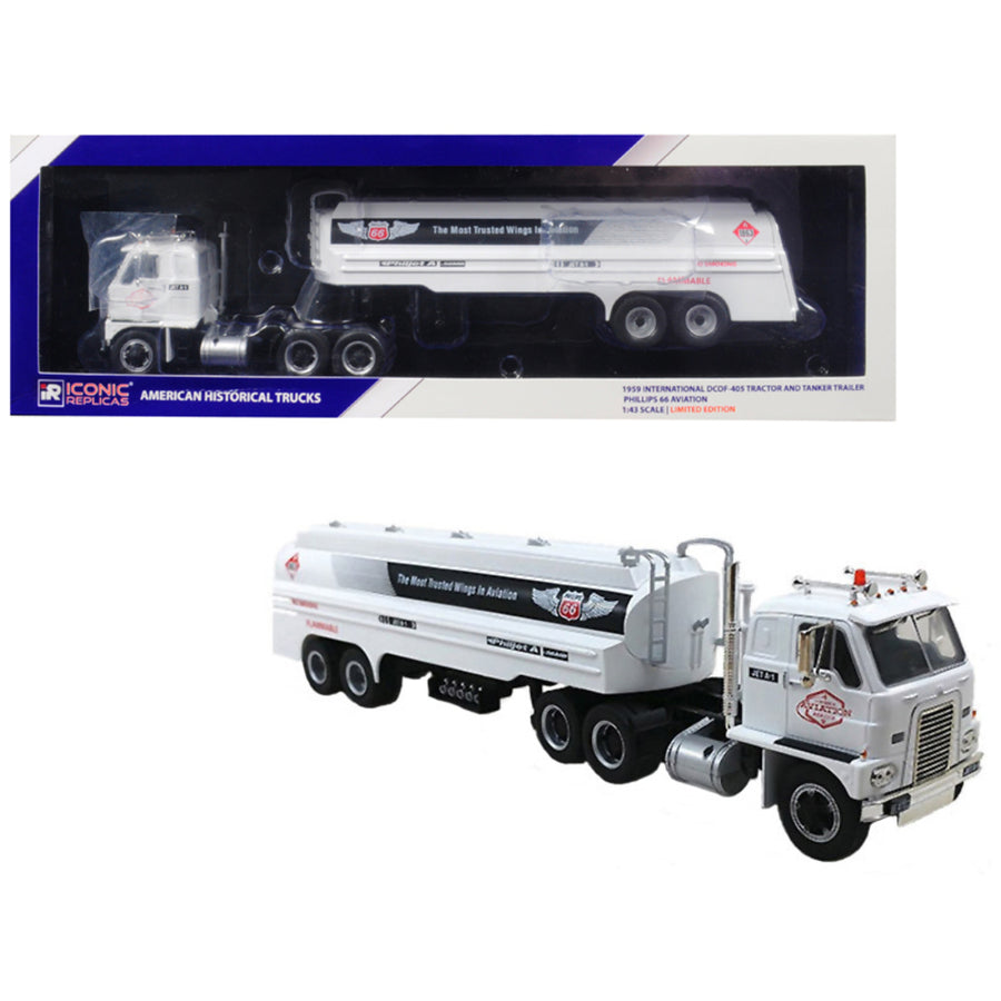 1959 International Dcof-405 Tractor With Tanker Trailer Phillips 66 Aviation White American Historical Trucks Series 1/43 Diecast Model By Iconic Replicas 43-0137