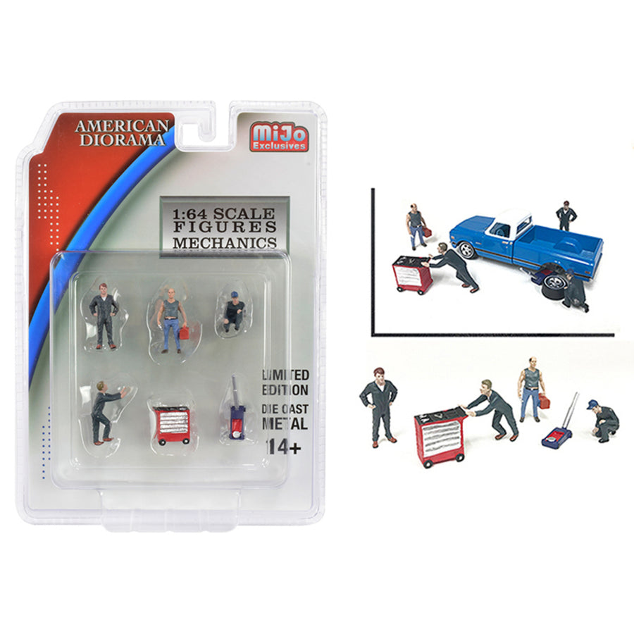 Mechanics Diecast Set Of 6 Pieces (4 Figurines And 2 Accessories) For 1/64 Scale Models By American Diorama 38401