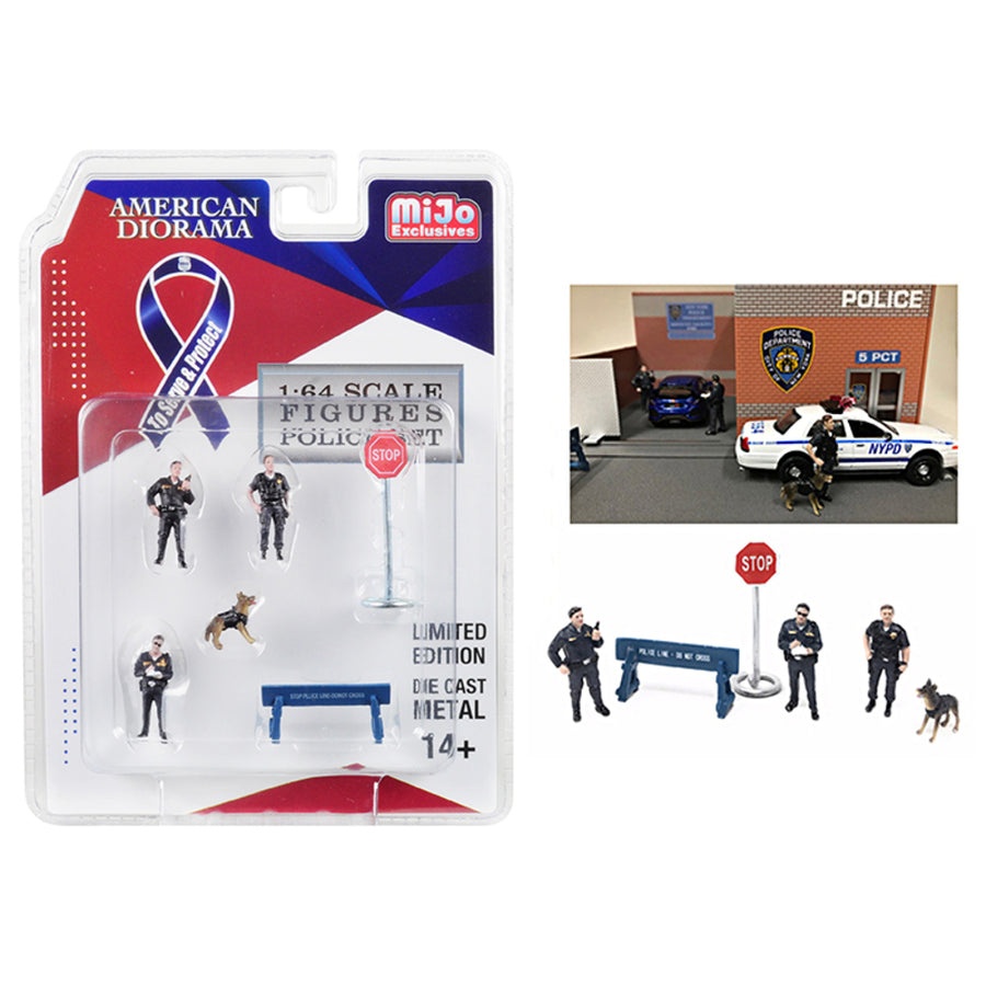 Police 6 Piece Diecast Set (3 Figurines, 1 Dog And 2 Accessories) For 1/64 Scale Models By American Diorama 38402