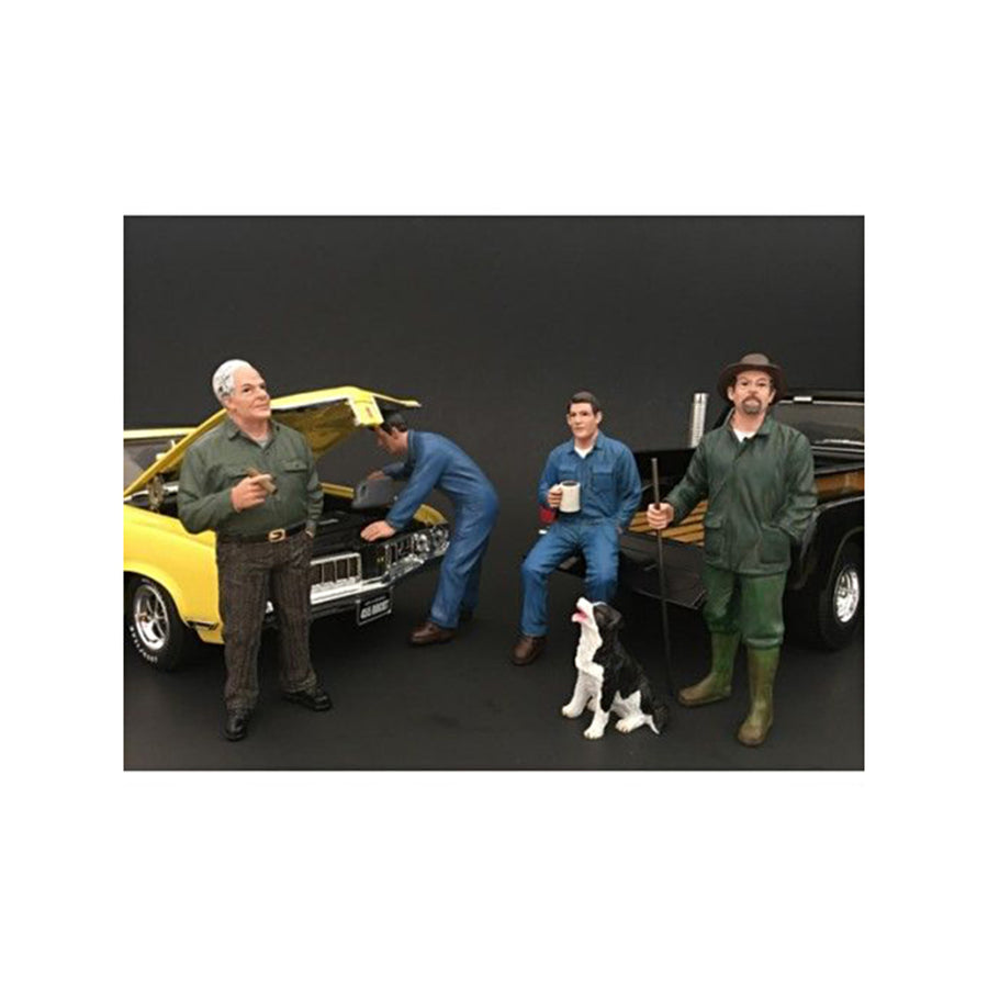Mechanics, Customer And A Dog 5 Piece Figurine Set For 1/18 Scale Models By American Diorama 77447-77448-77449-77450