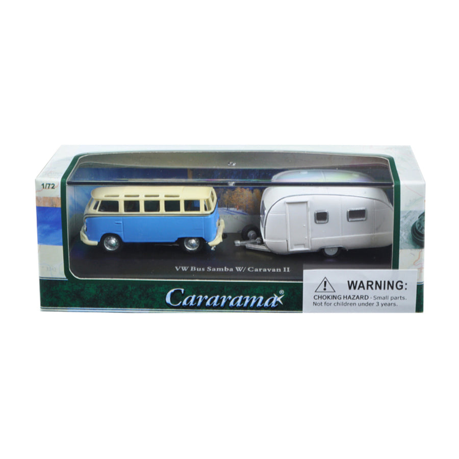 Volkswagen Bus Samba Blue With Caravan Ii Trailer In Display Showcase 1/72 Diecast Car Model By Cararama Cara12812