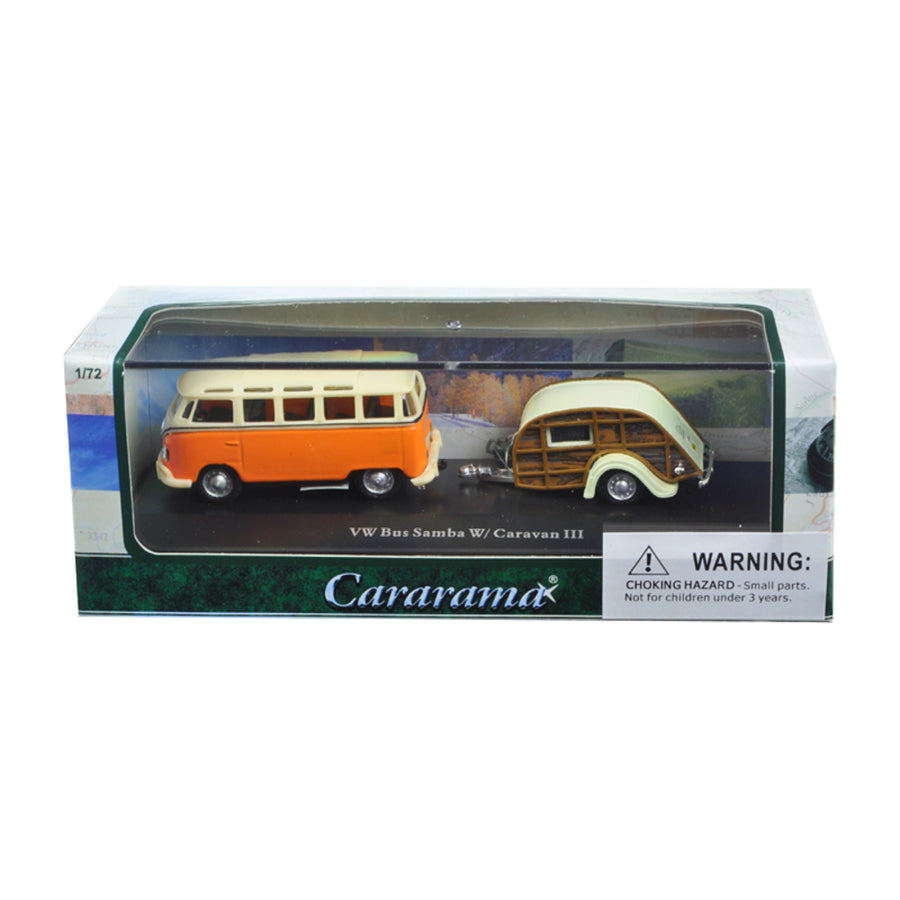 Volkswagen Bus Samba Orange With Caravan Iii Trailer In Display Showcase 1/72 Diecast Car Model By Cararama Cara12818