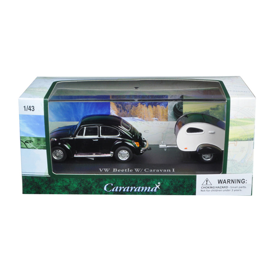 Volkswagen Beetle Black With Caravan I Trailer And Display Case 1/43 Diecast Car Model By Cararama 14709