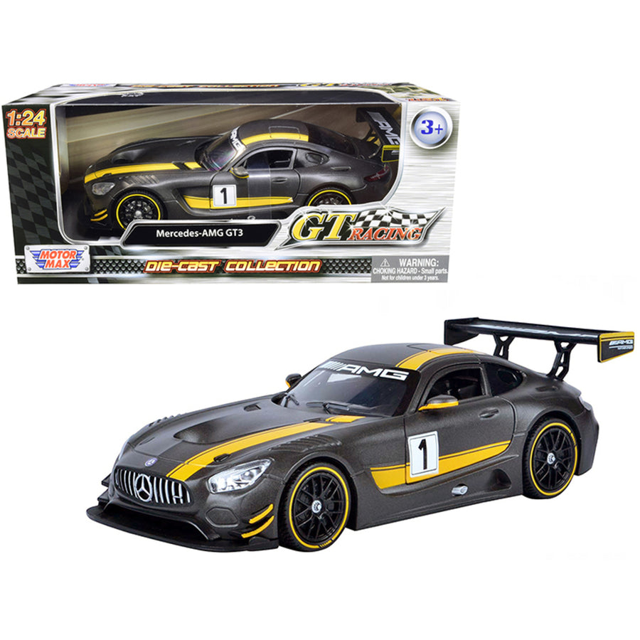 Mercedes Amg Gt3 #1 Matt Gray With Yellow Stripes Gt Racing 1/24 Diecast Model Car By Motormax 73784