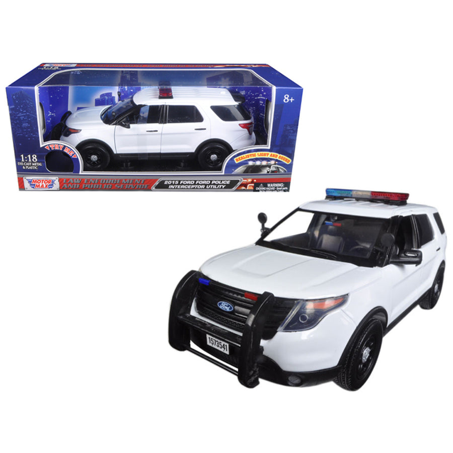 2015 Ford Police Interceptor Utility White With Flashing Light Bar, Front And Rear Lights And 2 Sounds 1/18 Diecast Model Car  By Motormax 73995