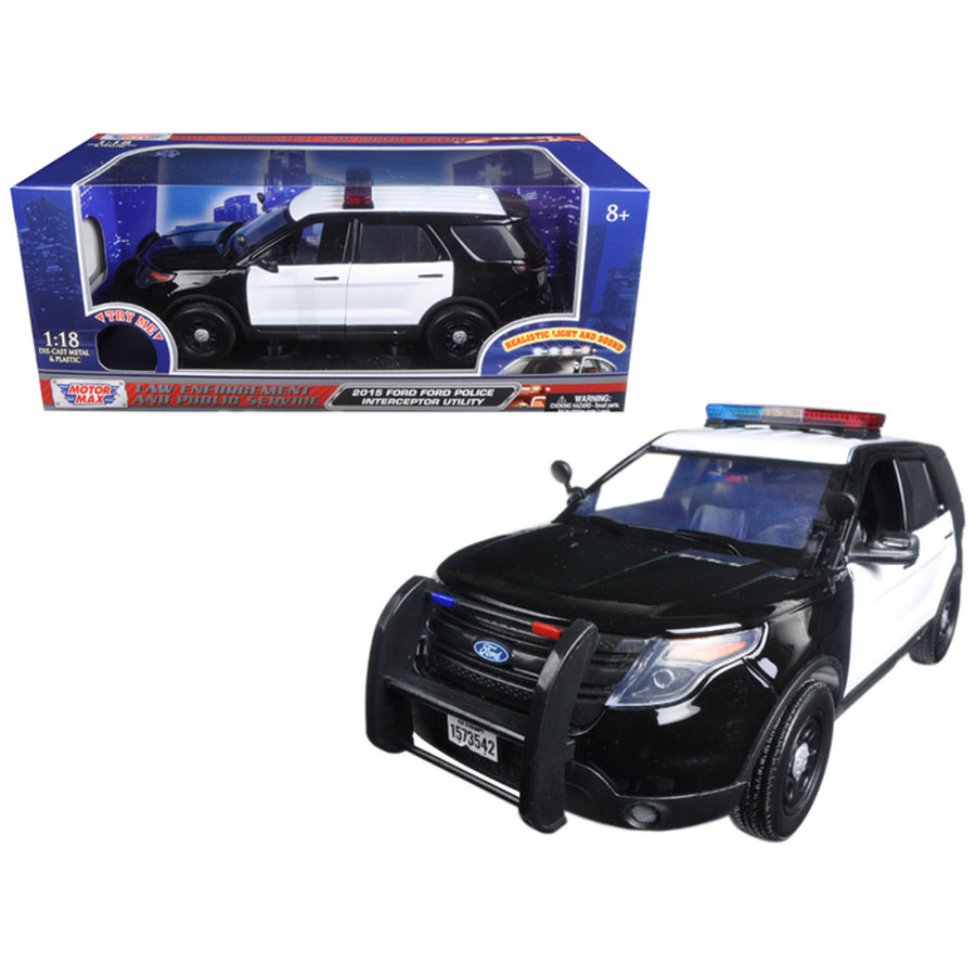 2015 Ford Police Interceptor Utility Black And White With Flashing Light Bar, Front And Rear Lights And 2 Sounds 1/18 Diecast Model Car  By Motormax 73996