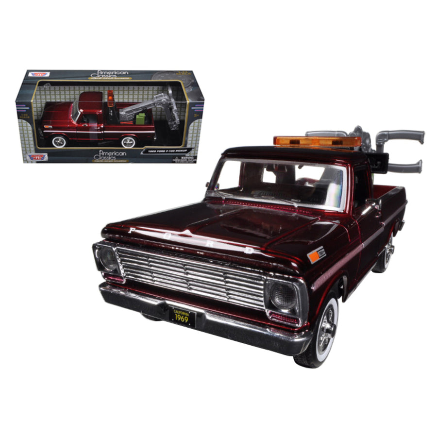 1969 Ford F-100 Tow Truck Burgundy 1/24 Diecast Model By Motormax 75345bur