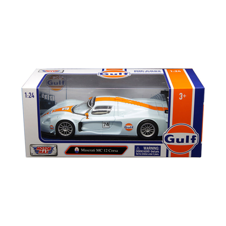 Maserati Mc 12 Corsa #74 With Gulf Livery Light Blue With Orange Stripe 1/24 Diecast Model Car By Motormax 79643