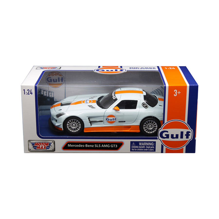 Mercedes Benz Sls Amg Gt3 With Gulf Livery Light Blue With Orange Stripe 1/24 Diecast Model Car By Motormax 79646