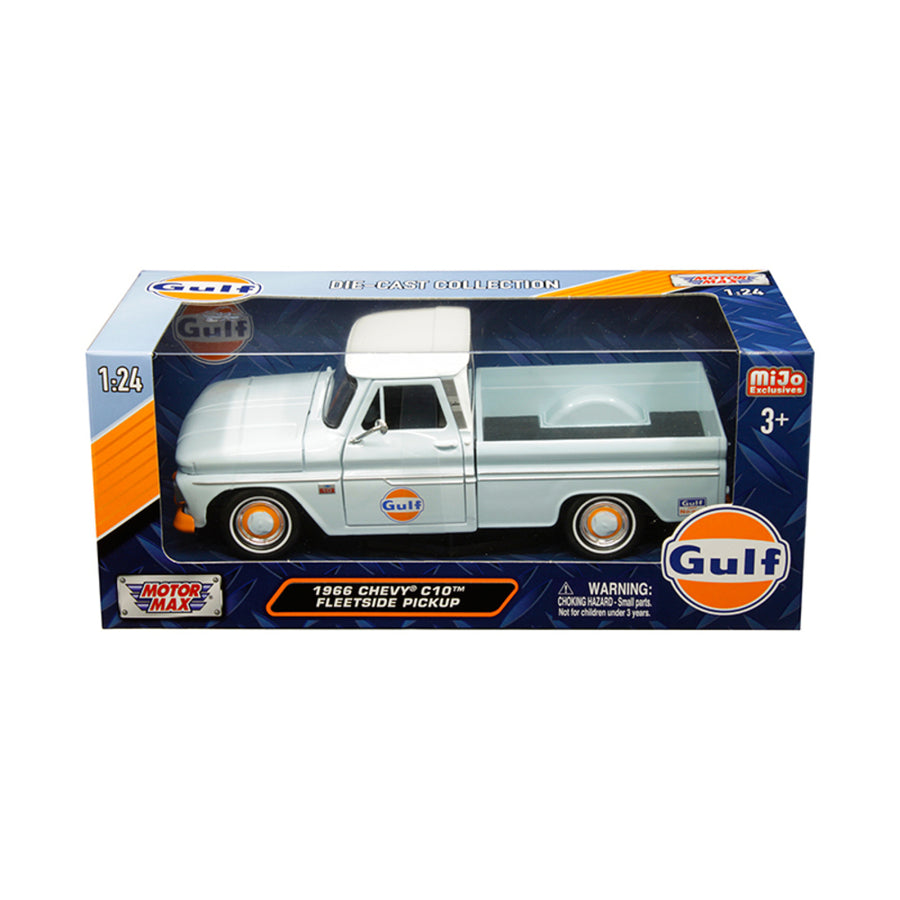 1966 Chevrolet C-10 Fleetside Pickup Truck Gulf Light Blue With White Top 1/24 Diecast Model Car By Motormax 79648