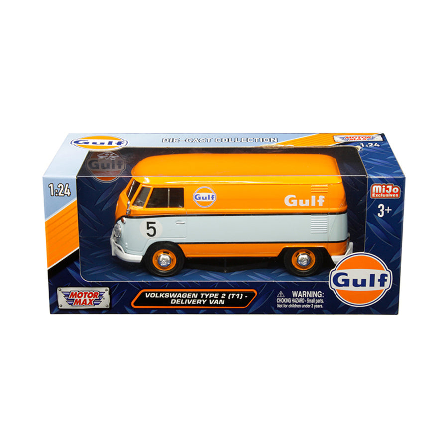 Volkswagen Type 2 (t1) Delivery Van #5 Gulf Orange And Light Blue 1/24 Diecast Model Car By Motormax 79649