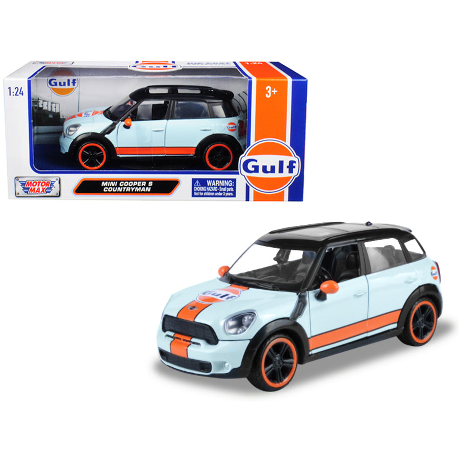 Mini Cooper S Countryman With Gulf Livery Light Blue With Orange Stripe And Black Top 1/24 Diecast Model Car By Motormax 79653