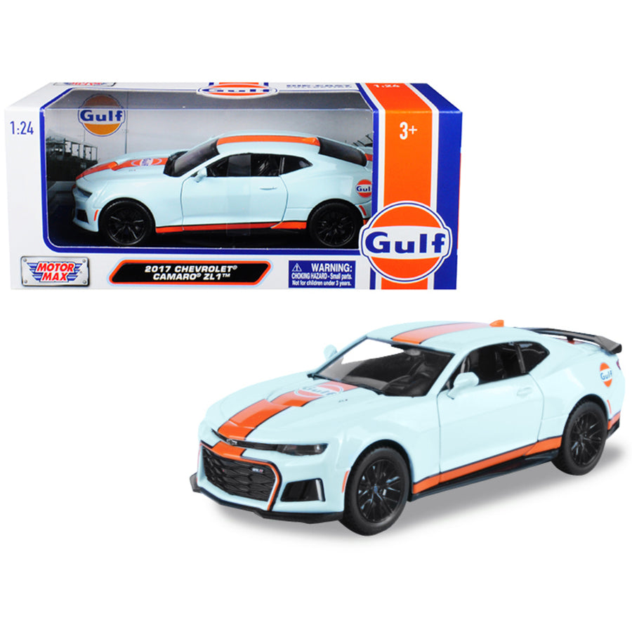 2017 Chevrolet Camaro Zl1 With Gulf Livery Light Blue With Orange Stripe 1/24 Diecast Model Car By Motormax 79656