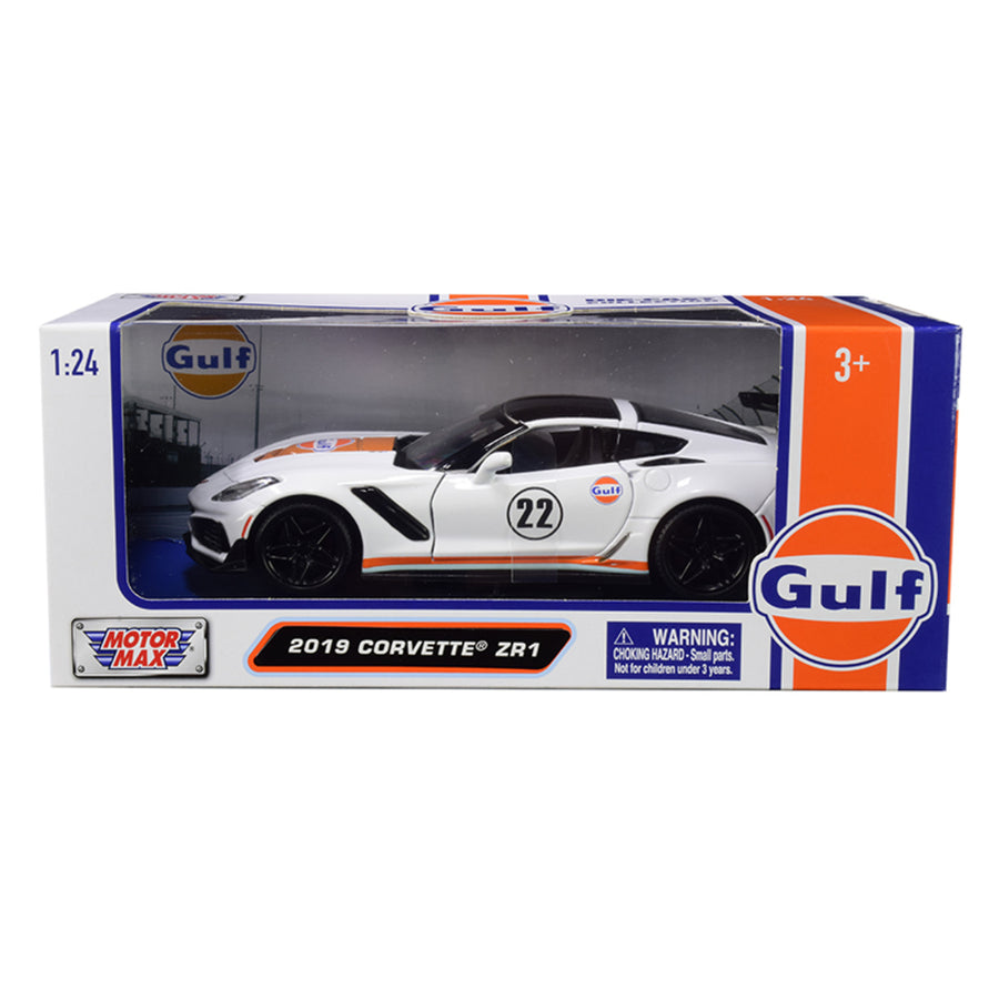 2019 Chevrolet Corvette Zr1 #22 Gulf Oil White With Orange Stripes And Black Top 1/24 Diecast Model Car By Motormax 79657