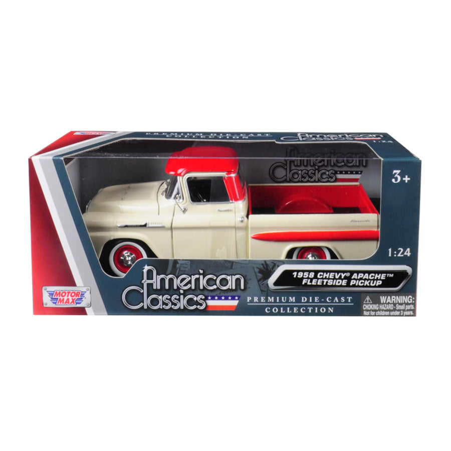 1958 Chevrolet Apache Fleetside Pickup Truck Cream With Red Top 1/24 Diecast Model Car By Motormax 79311crm-r