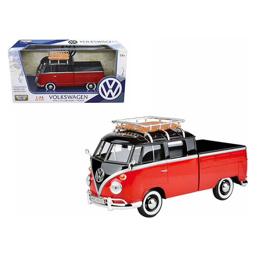 Volkswagen Type 2 (t1) Delivery Pickup Truck Red/black 1/24 Diecast Model Car By Motormax 79552rdbk