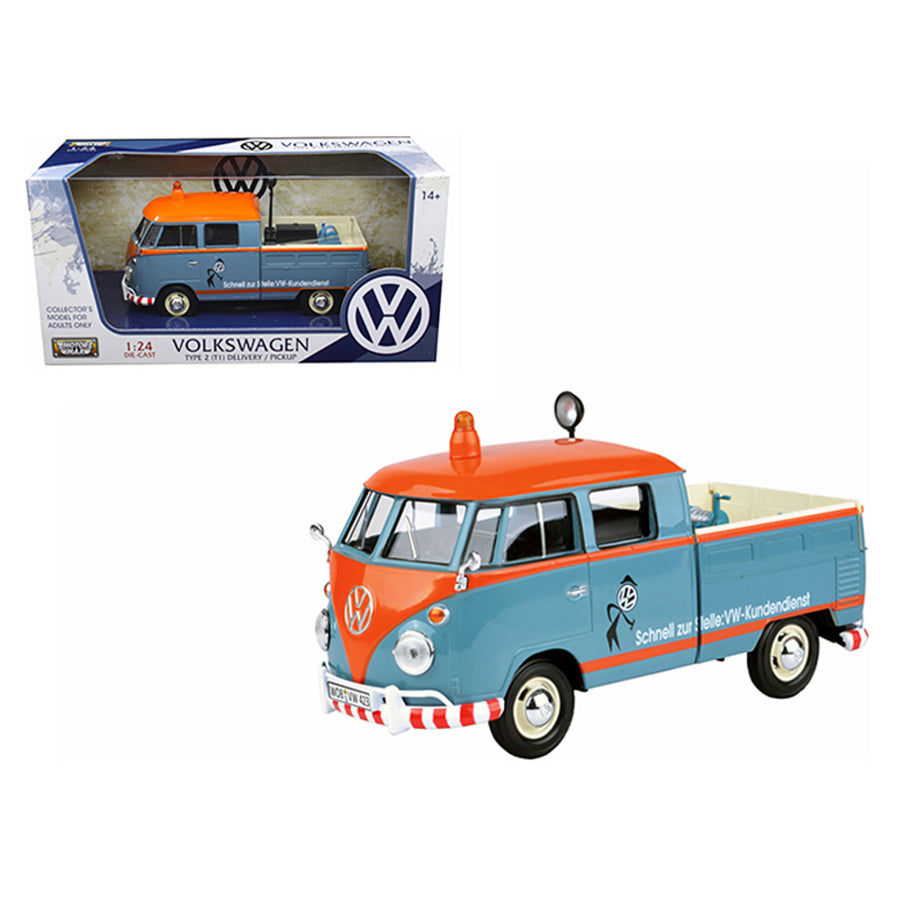 Volkswagen Type 2 (t1) Delivery Pickup Truck Blue/orange Kundendienst 1/24 Diecast Model Car By Motormax 79555gry
