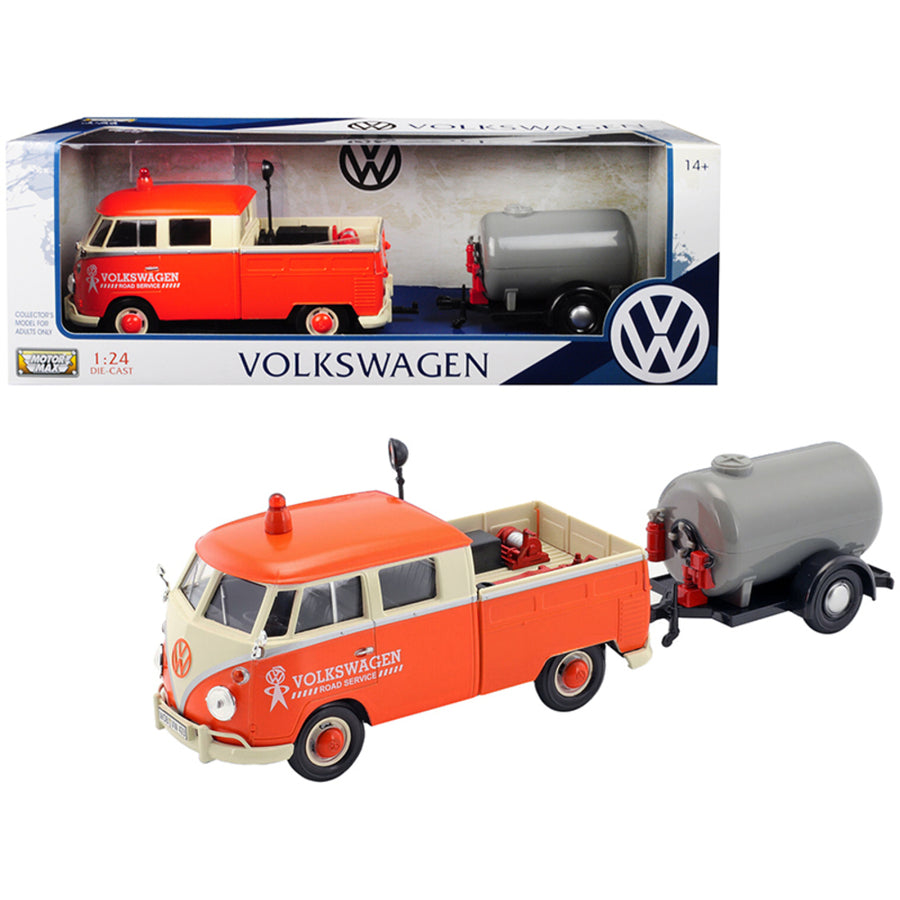 Volkswagen Type 2 (t1) Pickup Truck Orange And Cream With Oil Trailer Road Service 1/24 Diecast Model Car By Motormax 79674