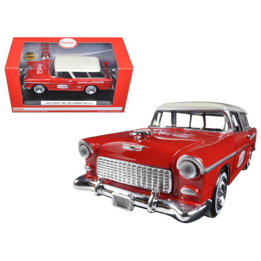 1955 Chevrolet Nomad Coca Cola With 2 Bottle Cases And Metal Handcart 1/24 Diecast Model Car  By Motorcity Classics 424110