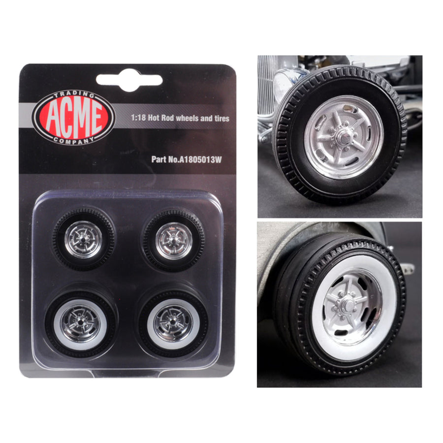 Chrome Salt Flat Wheel And Tire Set Of 4 Pieces From 1932 Ford 5 Window Hot Rod 1/18 By Acme 1/18 By Acme A1805013w