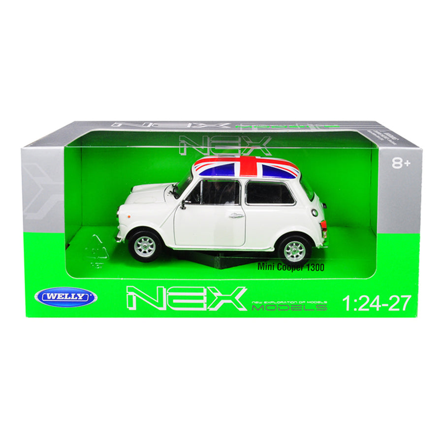 Mini Cooper 1300 White With British Flag On The Roof 1/24-1/27 Diecast Model Car By Welly 22496w-uk
