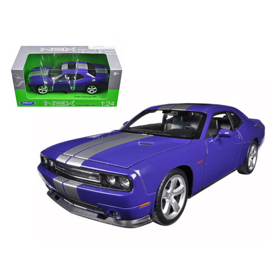 Dodge Challenger Srt Purple With Silver Stripes 1/24-1/27 Diecast Model Car By Welly 24049pur