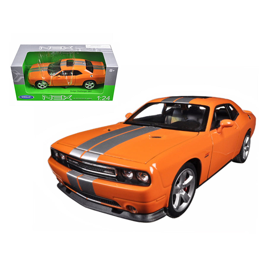 Dodge Challenger Srt Orange With Silver Stripes 1/24-1/27 Diecast Model Car By Welly 24049or