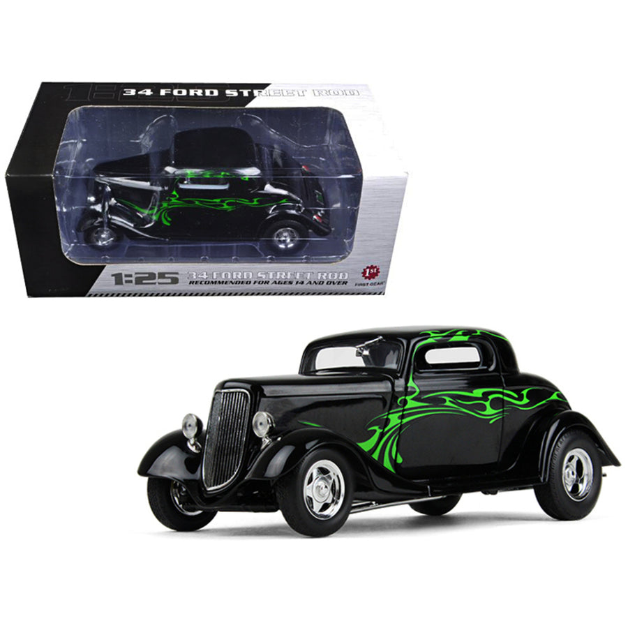1934 Ford Coupe Street Rod Black With Lime Green 1/25 Diecast Model Car By First Gear 40-0382