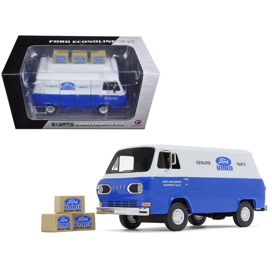 1960s Ford Econoline Van Blue With Three Boxes Ford Tractor Parts & Service 1/25 Diecast Model Car By First Gear 40-0394