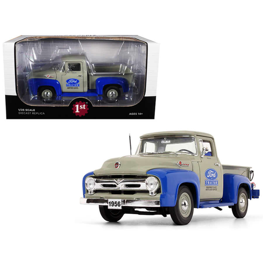 1956 Ford F-100 Pickup Truck High Feature Ford Tractor Equipment Sales Gray And Blue 1/25 Diecast Model Car By First Gear 40-0415