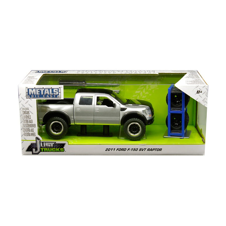 2011 Ford F-150 Svt Raptor Pickup Truck Silver With Matte Black Top And Extra Wheels Just Trucks Series 1/24 Diecast Model Car By Jada 30198