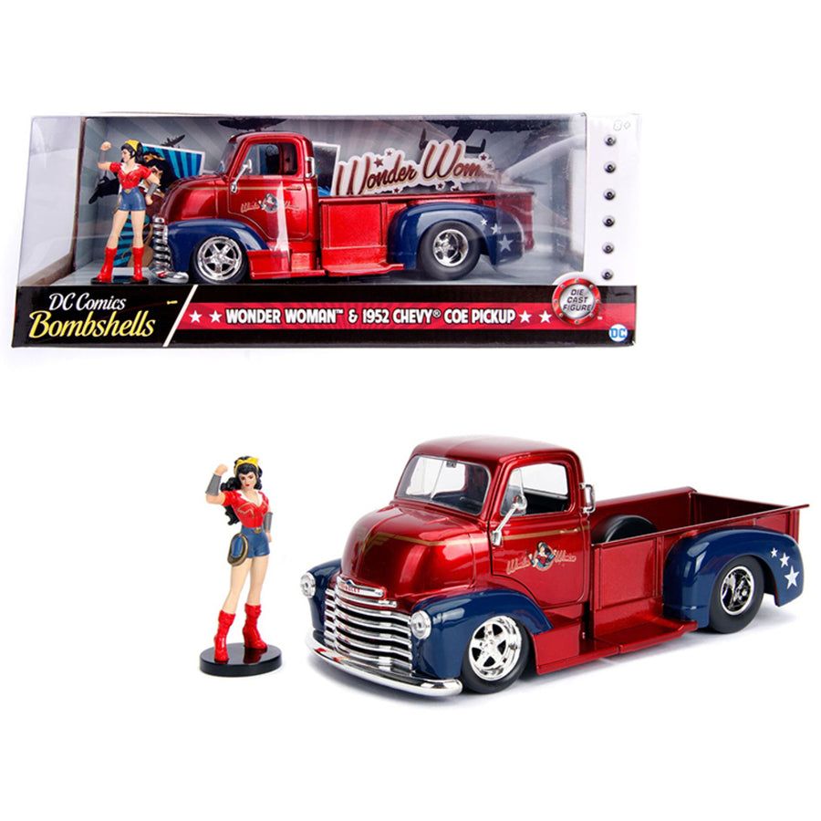 1952 Chevrolet Coe Pickup Truck Red And Blue With Wonder Woman Diecast Figure Dc Comics Bombshells Series 1/24 Diecast Model Car By Jada 30453