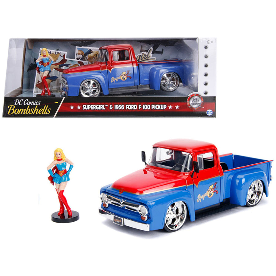 1956 Ford F-100 Pickup Truck Red And Blue With Supergirl Diecast Figure Dc Comics Bombshells Series 1/24 Diecast Model Car By Jada 30454