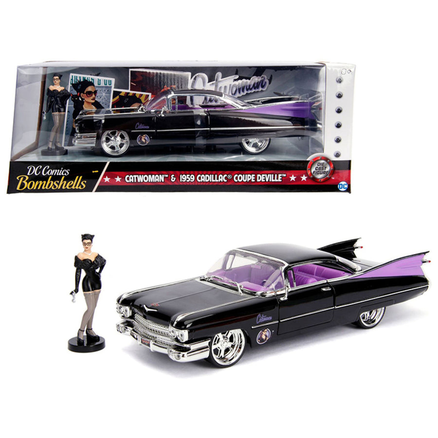 1959 Cadillac Coupe Deville Black With Catwoman Diecast Figure Dc Comics Bombshells Series 1/24 Diecast Model Car By Jada 30458