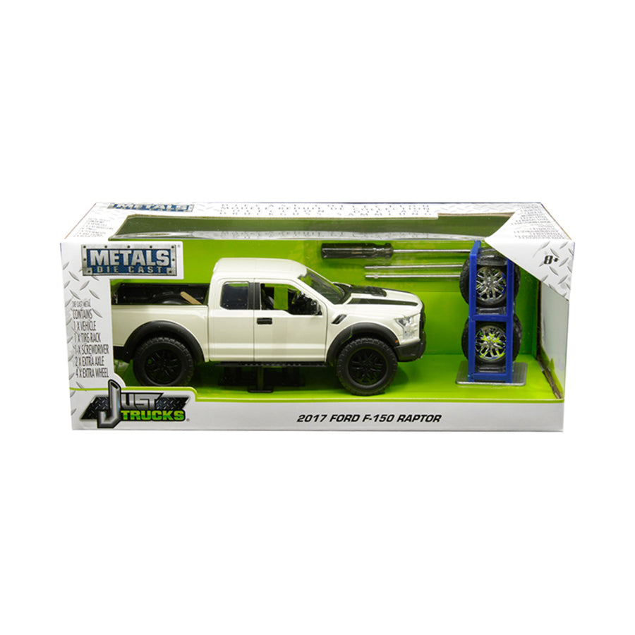 2017 Ford F-150 Raptor Pickup Truck Off White With Black Stripes And Extra Wheels Just Trucks Series 1/24 Diecast Model Car By Jada 30519