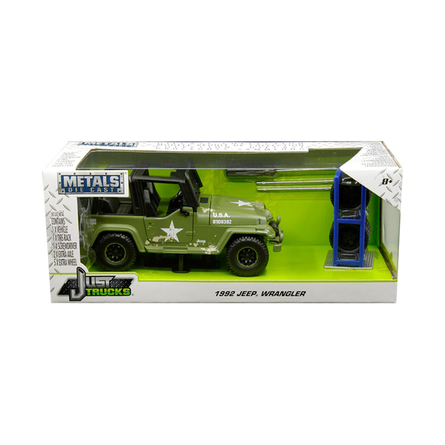 1992 Jeep Wrangler Matt Army Green With Extra Wheels Just Trucks Series 1/24 Diecast Model Car By Jada 30520