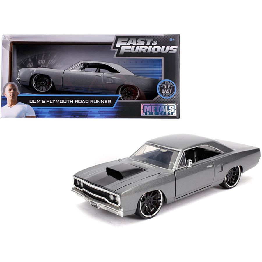 Doms Plymouth Road Runner Metallic Gray With Black Hood Stripe Fast & Furious Movie 1/24 Diecast Model Car By Jada 30745