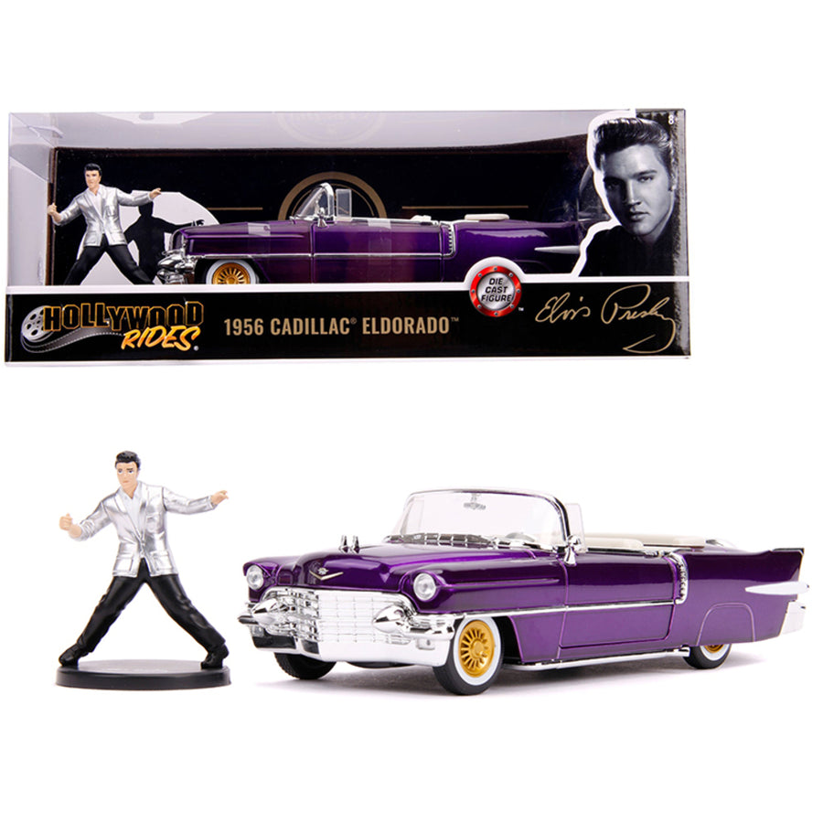 1956 Cadillac Eldorado Convertible Purple With Elvis Presley Diecast Figurine 1/24 Diecast Model Car By Jada 30985