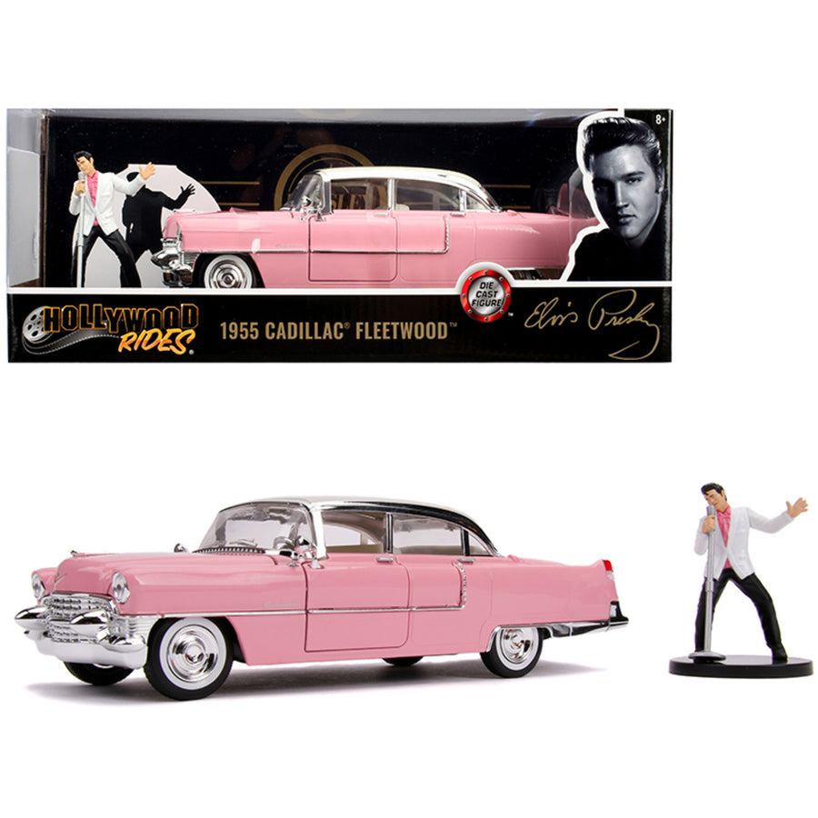 1955 Cadillac Fleetwood Series 60 Pink With Elvis Presley Diecast Figurine 1/24 Diecast Model Car By Jada 31007