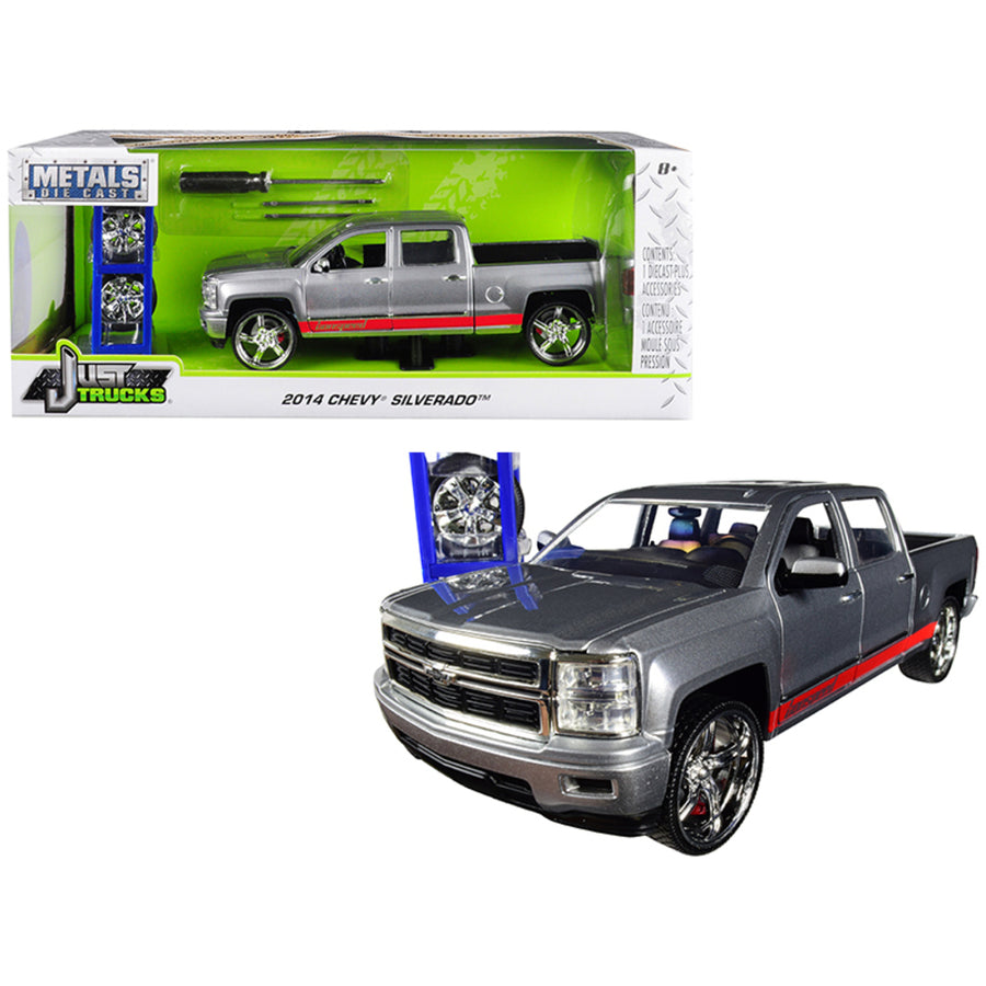 2014 Chevrolet Silverado Pickup Truck Bonspeed Silver With Red Stripes With Extra Wheels Just Trucks Series 1/24 Diecast Model Car By Jada 31060
