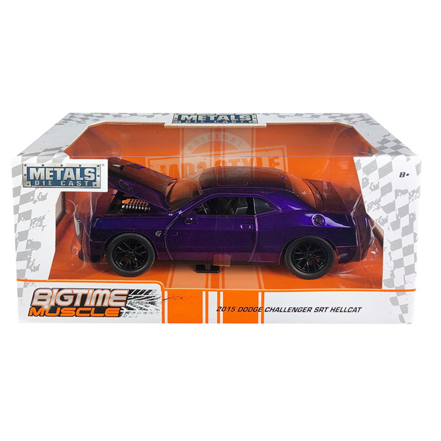 2015 Dodge Challenger Srt Hellcat Purple With Black Stripes Big Time Muscle 1/24 Diecast Model Car By Jada 31063