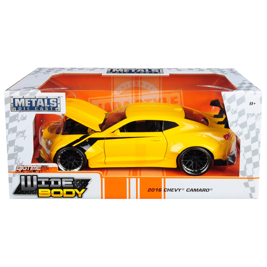 2016 Chevrolet Camaro Widebody Metallic Yellow With Black Stripes Big Time Muscle 1/24 Diecast Model Car By Jada 31064