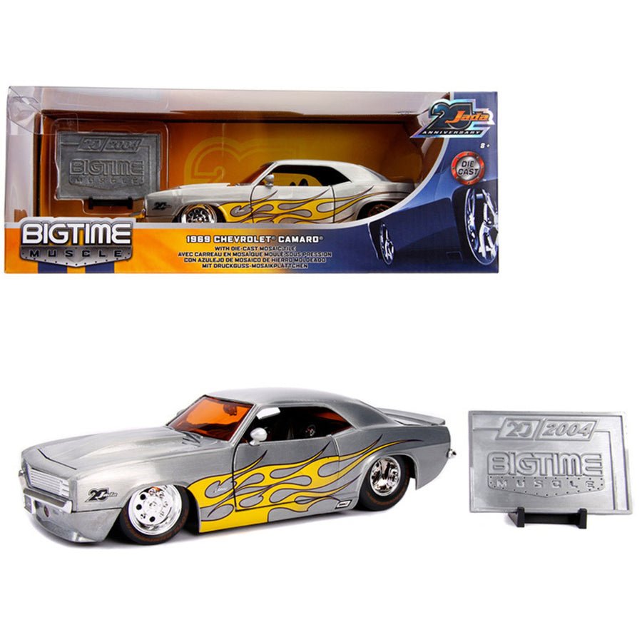1969 Chevrolet Camaro Raw Metal With Yellow Flames Bigtime Muscle Jada 20th Anniversary 1/24 Diecast Model Car By Jada 31073
