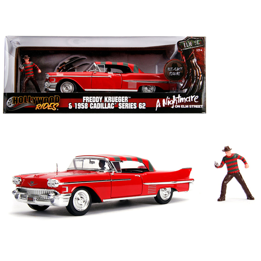 1958 Cadillac Series 62 Red With Freddy Krueger Diecast Figure A Nightmare On Elm Street Movie 1/24 Diecast Model Car By Jada Ja31102