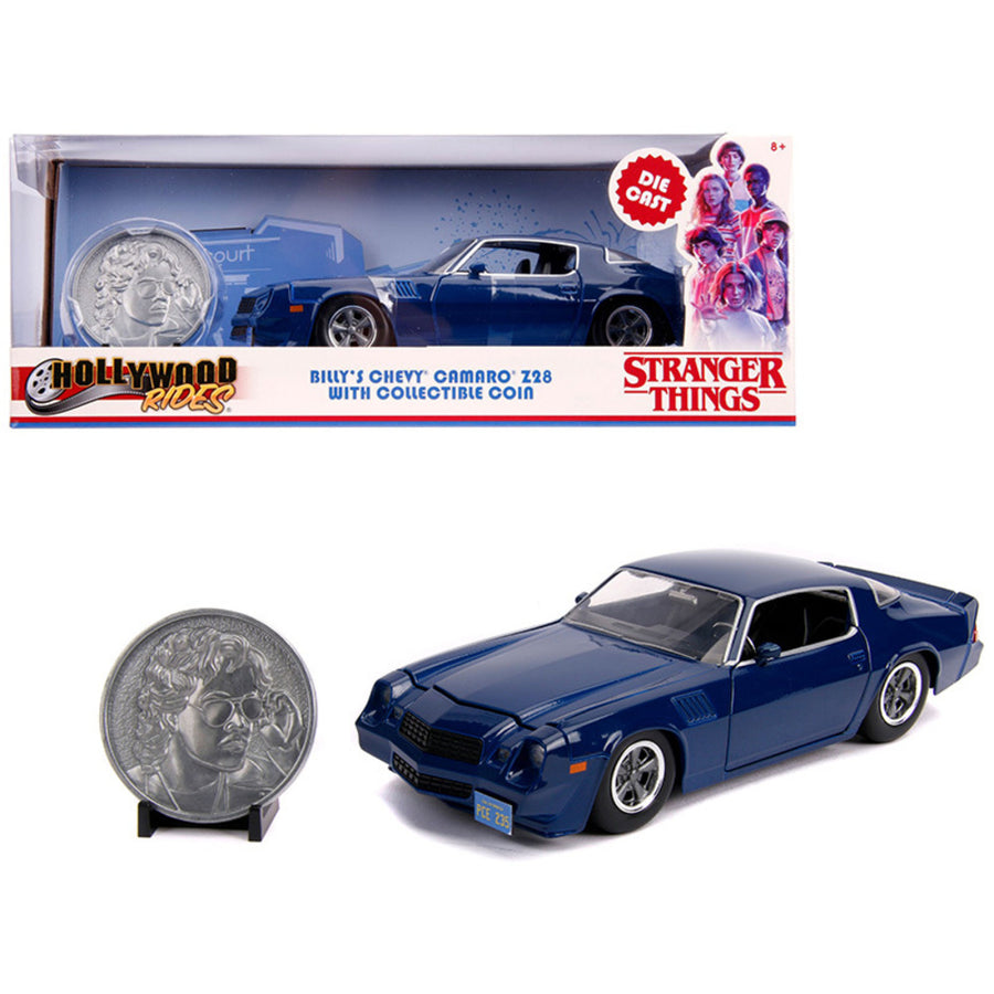 Billys Chevrolet Camaro Z28 Dark Blue With Collectible Coin Stranger Things (2016) Tv Series 1/24 Diecast Model Car By Jada 31110