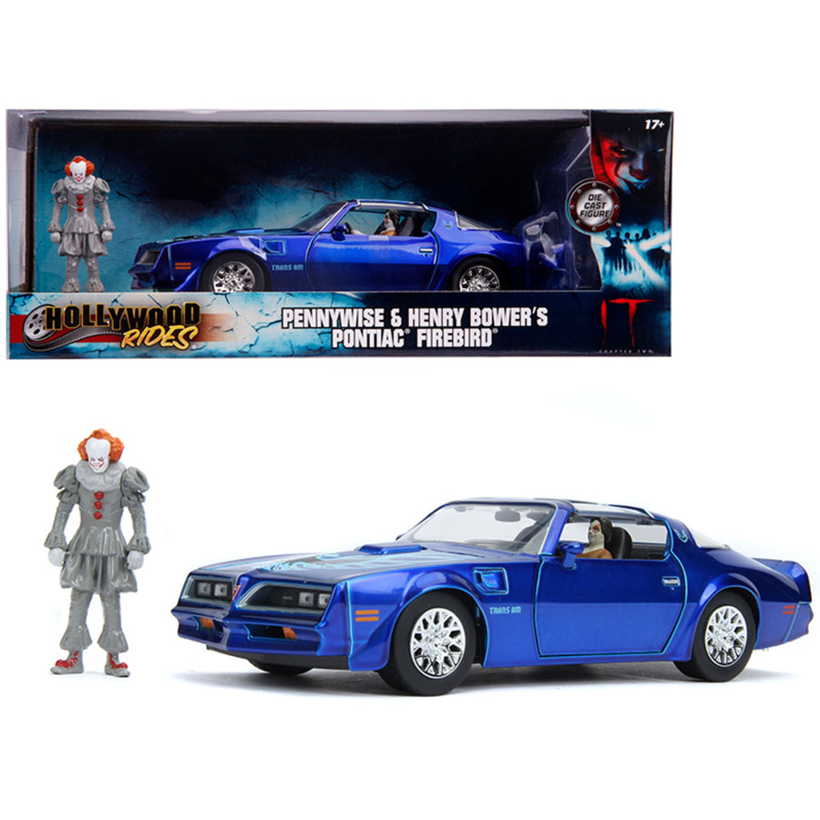 Henry Bowers Pontiac Firebird Trans Am Candy Blue With Pennywise Diecast Figurine It Chapter Two (2019) Movie 1/24 Diecast Model Car By Jada 31118