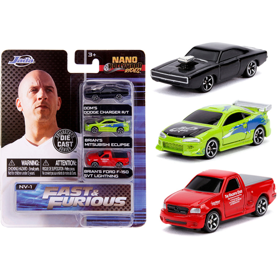 Fast & Furious 3 Piece Set Nano Hollywood Rides Diecast Model Cars By Jada 31123