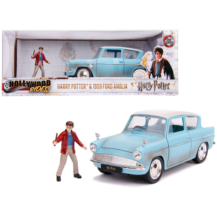 1959 Ford Anglia Light Blue (weathered) With Harry Potter Diecast Figurine 1/24 Diecast Model Car By Jada 31127