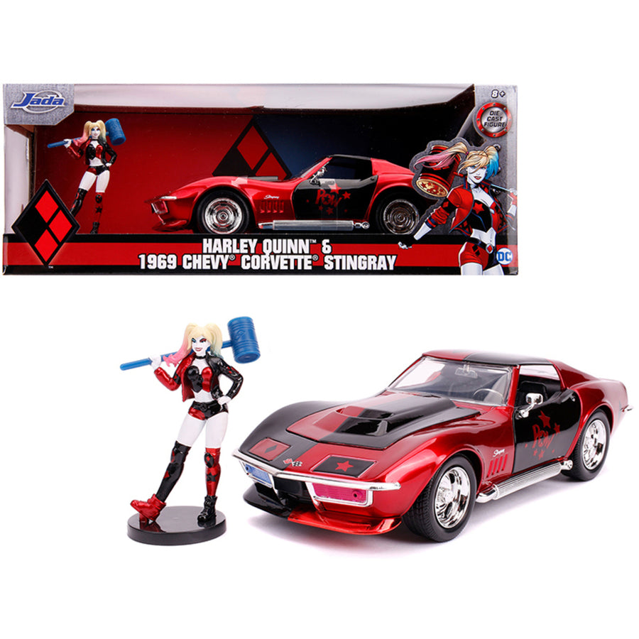 1969 Chevrolet Corvette Stingray With Harley Quinn Diecast Figure Dc Comics Series 1/24 Diecast Model Car By Jada Ja31196