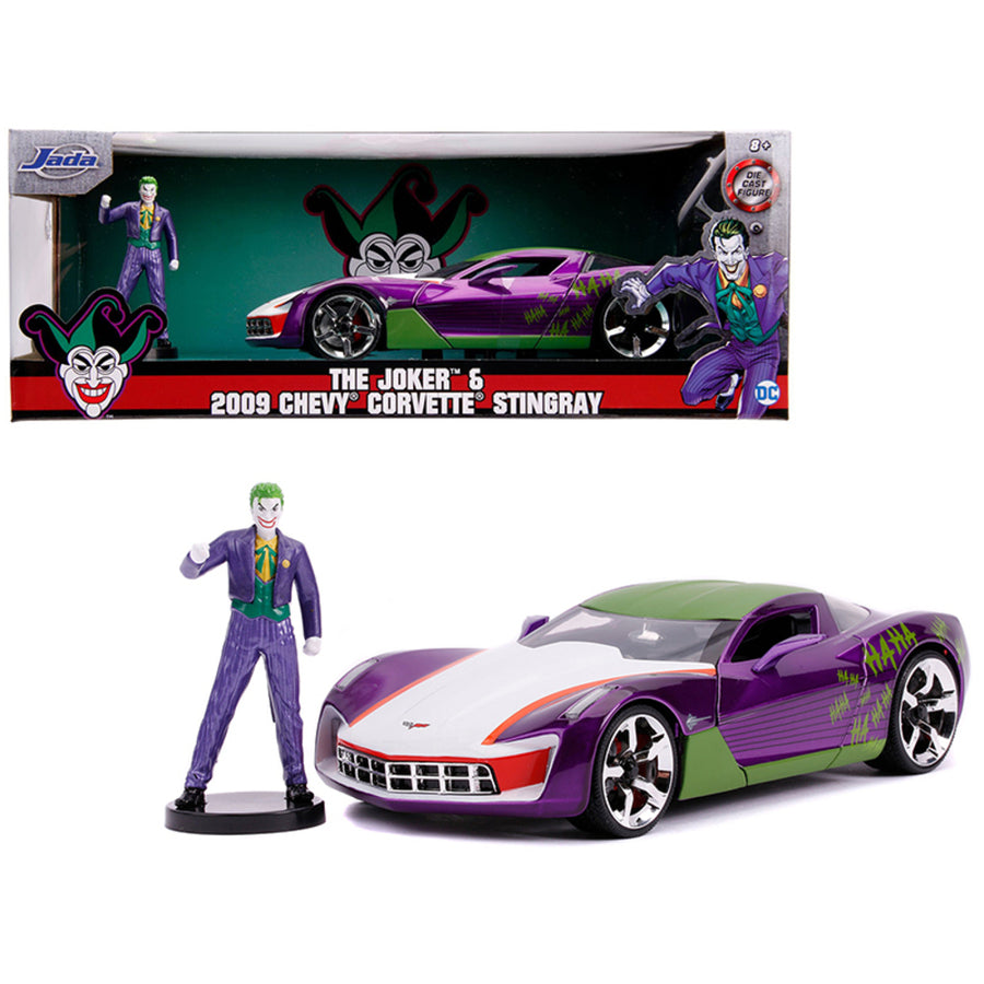 2009 Chevrolet Corvette Stingray With Joker Diecast Figure Dc Comics Series 1/24 Diecast Model Car By Jada 31199
